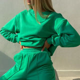 Casual Solid Tracksuit Loose Long Sleeve Pullover Sweatshirt And Elastic Wide Leg Pant Two Pieces Set Fashion Female