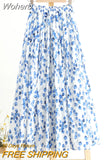Spring Summer Women High-waisted Blue Floral Printed Skirts Cotton Linen Casual Midi Skirt QT1716-Outfit