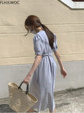 Cotton Linen Long Dress Summer Slim Waist A Line Temperament Lady Retro Vintage Cute Korean Chic Women Dresses Vestidos