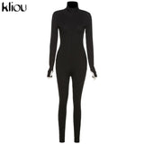Kliou solid turtleneck full sleeve jumpsuits classic one piece women fitness slim rompers zipper long overall skinny