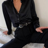 Fashion Satin Blouse 2022 Summer Women Long Sleeve Vintage Buttons Lapel Street Party Shirt Elegant Silk Tunic Top