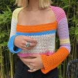 Knitted T-shirt Patchwork Hollow Out Long Sleeve Crop Top Y2K Aesthetic Vintage Women Sexy Tees Female Spring