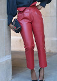 High Waist Zipper Fly Solid Ankle-Length Regular Leather