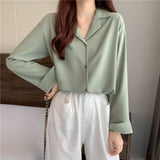 Korean Fashion Tunic for Women 2023 Summer Top Women Green Chiffon Blouse for Women Long Sleeve Shirts Office Clothes-Outfit