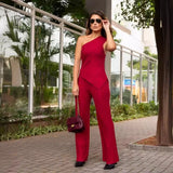 Woherb 2024 New Solid Color Diagonal Collar Stripe Elastic Slim Knit Sweater Pants Suit Women-Outfit