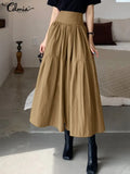 Fashion Women High Waist Skirt Pleated A-line Swing Party Skirt 2022 Summer Casual Loose Holiday Zipper Solid Midi