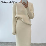 Winter Knit 2 Piece Sets Women O-neck Sweater + High Waist Skirts Autumn Oversized Vintage Runway Woolen Set Female