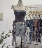 Real Shooting 2024 New Niche Babes Print Sling Vest Hem With Lotus Leaf Edge Sleeveless Top