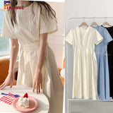Korean Chic Long Dress Summer Short Sleeve A Line Lace-Up Bow Tie Retro Vintage Cute Women Cotton Blend Dresses