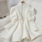 2020 New Women Dress Korean Stand Collar Puff Long Sleeve Feamle Dresses Vintage Office Lady Zipper A-Line