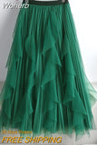 Women Beaded Petal Mid-length Ruffles Mesh Pleated Skirts Elegant High-waisted Fairy A-line Long Tulle Skirts QT1682-Outfit