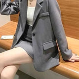 Women Temperament Solid Simple 2 Piece Single Button Notched Long Sleeve Coat Mini High Waist Elegant Skirts Korean Style-Outfit