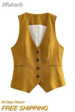 2023 Women Summer Linen Vests Coats Casual Solid V-Neck Single Breasted Waistcoat Female Elegant Street OL Clothing-Outfit