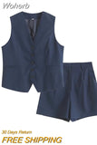 2023 Women Summer 2 pieces sets Fashion Solid Linen Vests Coats and Shorts Female Linen Casual Street Two Suits Clothing-Outfit