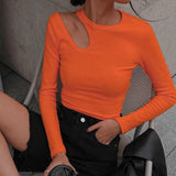 Woherb New Irregular Hollow Long Sleeve T-Shirt Women's Round Collar Solid Color Slim Bottom Top-Outfit