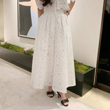 Woherb Chic Niche Temperament V Neck Hollow Lace Embroidered Jacket Women High Waist Pressure Pleated Skirt Two Sets Of Women-Outfit