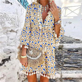 2021 Summer V Neck Tassel Beach Dress Spring Vintage Floral Print 3/4 Sleeve Party Dress Women Casual Loose A-Line Dress