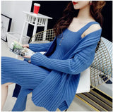 Women Knitted Cardigan And Dress Suits Mid-Calf Length Long Sleeve Strap Dress 2 Piece Female Knitted Sweater Set QT128-Outfit