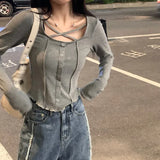 Woherb Girl Heart Machine Collarbone Show Thin Short Style Student Jacket Female 2024 Autumn Dress New Slim Pit Strip Long-Sleeved T-Shirt Female-Outfit