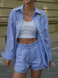 2023 Summer Women Striped 2 piece sets Suits Casual Loose Shirts Tops and Shorts Female Fashion Street Suit Clothing-Outfit