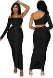 Sexy Hollow Out One Shoulder Irregular Top and Slit Long Skirt 2 Ppiece