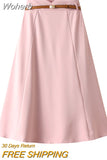 Women Elegant Office Lady Mid-length A-line Skirt With Belt Casual Simple High Waist Long Skirt For Spring Summer QT2061-Outfit