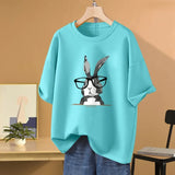 100% Cotton L-5XL Plus Size T Shirt Bunny Print O Neck Tshirt Short Sleeve Women Top Basic Summer Couple Solid T Shirts-Outfit