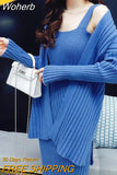 Women Knitted Cardigan And Dress Suits Mid-Calf Length Long Sleeve Strap Dress 2 Piece Female Knitted Sweater Set QT128-Outfit
