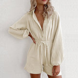 Fashion Casual Single Breasted Button Jumpsuit Women Elegant Solid Elastic Waist Drawstring Short Rompers Lady