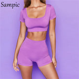 Summer 2021 Sport Women Short Sleeve Set Skinny Yellow Tracksuit Casual Tops And Biker High Waisted Shorts Two Piece