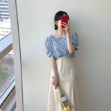 New Casual Preppy Style Women Sets Floral Blouse And Solid Color Skirt Female