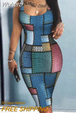 Figure Print Sleeveless U-Neck Bodycon Dress Women Spring Summer High Waist Slim Sheath Mini Dress-Outfit