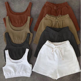 Solid Sportswear Two Piece Sets Women 2021 Crop Top And Drawstring Shorts Matching Set Summer Athleisure
