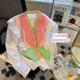 New Fashion Rainbow Striped Stitching Knitted Sweater Korean Style V-Neck Ruffled Long Sleeved Casual Outer Women Clothes-Outfit