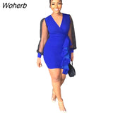 Ruffled Party Dress Women Fashion Sexy V-neck Mesh Stitching Long-sleeved Ruffled Mini Dress Women-Outfit