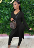 Winter Casual Basic Ribbed V-Neck Slit Long Top and Legging