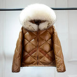 Winter Puffer Jacket Women Hooded 90% Duck Down Coat Short Female Shiny Glossy Feather Parkas Huge Real Raccoon Fur-Outfit