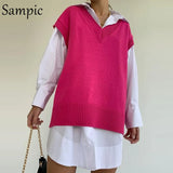 Knitted Y2K Green Sleevess Sweater Vest Women Tops Jersey 2021 Autumn Winter V Neck Casual Pullover Jumpers Korean