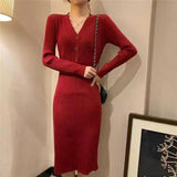 Winter Elegant Fashion V-neck Sweater Bodycon Dress Ladies Solid Simple Casual Slim Knitting Dresses Midi Robe Vestidos-Outfit