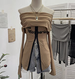 Picts Single-Layer Mesh Yarn Micro-Sleeved T-Shirt Word Shoulder-Pollid Letter Open Fork Top