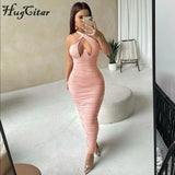 Ruched Sleeveless Halter Hollow Out Bodycon Pleated Floor-Length Dress 2021 Fall Winter Women Fashion Outfit Y2K