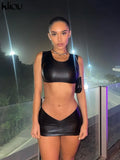 Kliou Simple Faux PU Leather Two Piece Set Women Concise Skinny Sleeveless Vest+ Sexy Unique Cut Out Skirt Streetwear