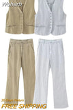 Solid Two-piece Set For Women Fashion V-neck Single Breasted Vest Flared Pants Suit 2023 Office Lady Elegant Streetwear-Outfit