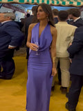 Women Chic Purple Skinny Halter Lace Up Midi Dress Sexy Swinging Neck Backless Slit Vestidos 2024 New Lady Elegant Evening Gowns-Outfit