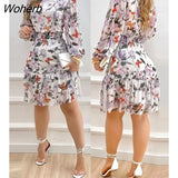 Floral Dress Women Fashion Elegant Long-sleeved Floral Print Ruffled Mini Dress Women-Outfit