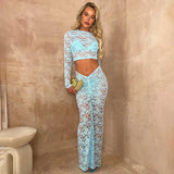 Mesh See Through Summer Women 2 Piece Set Long Sleeve Crop Top+ Ruched Long Wrap Skirt Two Piece Sets Summer Beach Wear-Outfit