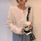 Sleeve T-shirts Women Elegant Simple Pure Button Design Retro Ins Autumn Ladies Tees Top All-match BF Style Mujer