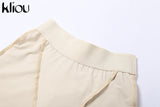 Kliou Biker Style Shorts Two Piece Set Women Autumn Harajuku Simple Square Collar Top+Solid Streak Decoration Sheath