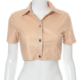 Black PU Leather Button Up Short Sleeve Crop Top T Shirt Women Fashion 2021 Streetwear Vintage Clothes