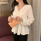 Korea Chic Tops Blusas Women Fashion Flhjlwoc Slim Elastic Waist Belly Peplum Design Ruffled V Neck Solid White Pink